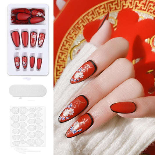 Bright Red Chinese Style Painting Wear Fake Nail Patch Manicure
