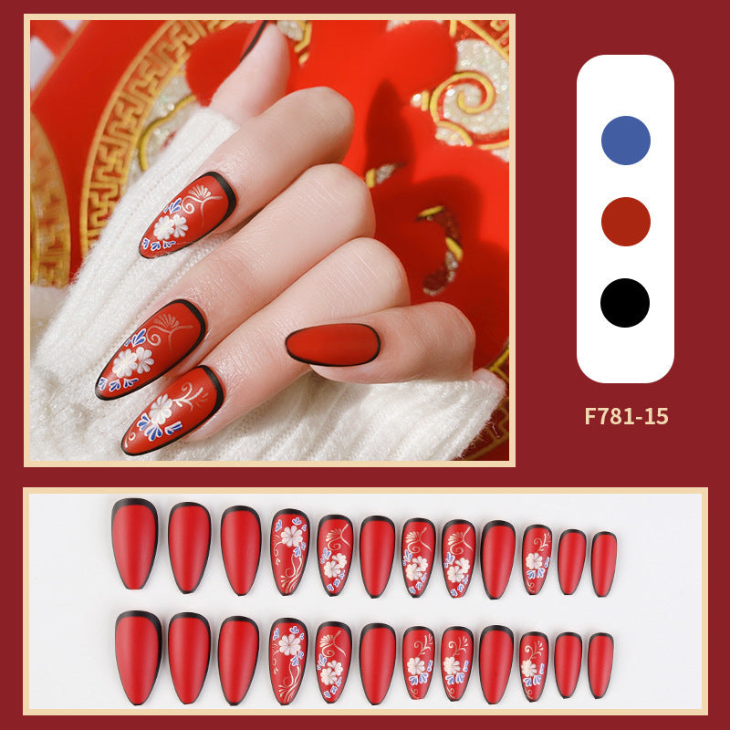 Bright Red Chinese Style Painting Wear Fake Nail Patch Manicure